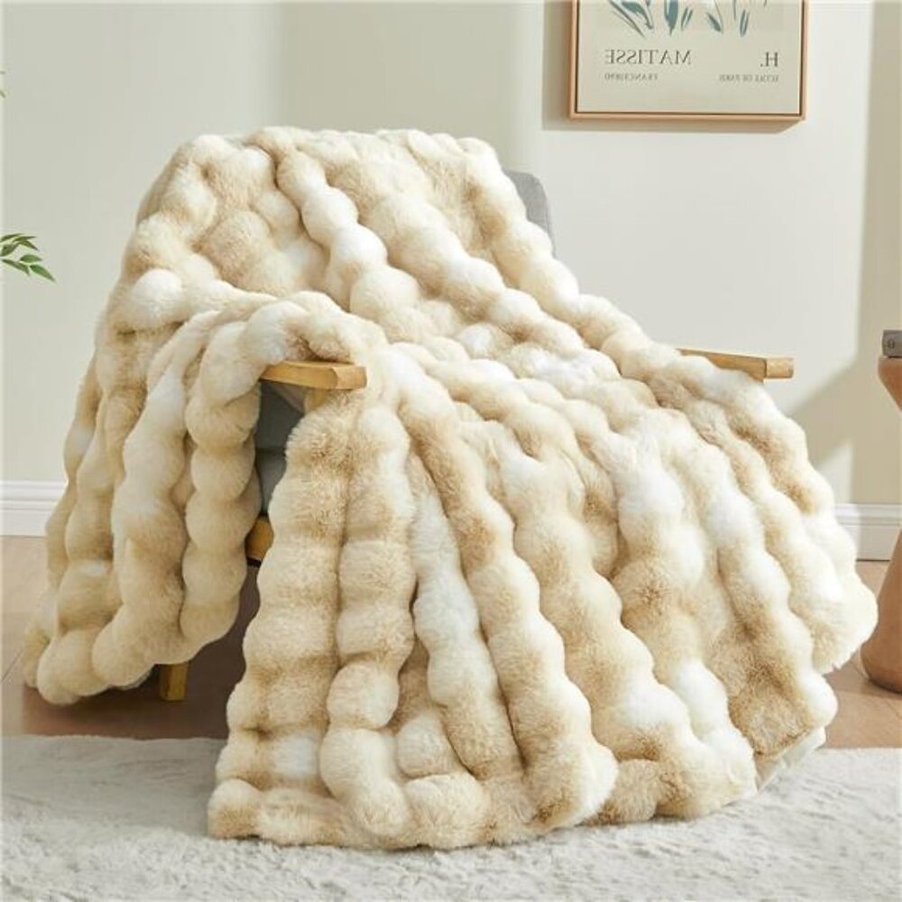 Faux Fur Throw Blanket Tie Dye Bubble Plush Soft Cozy 50x60 Couch Bed Khaki